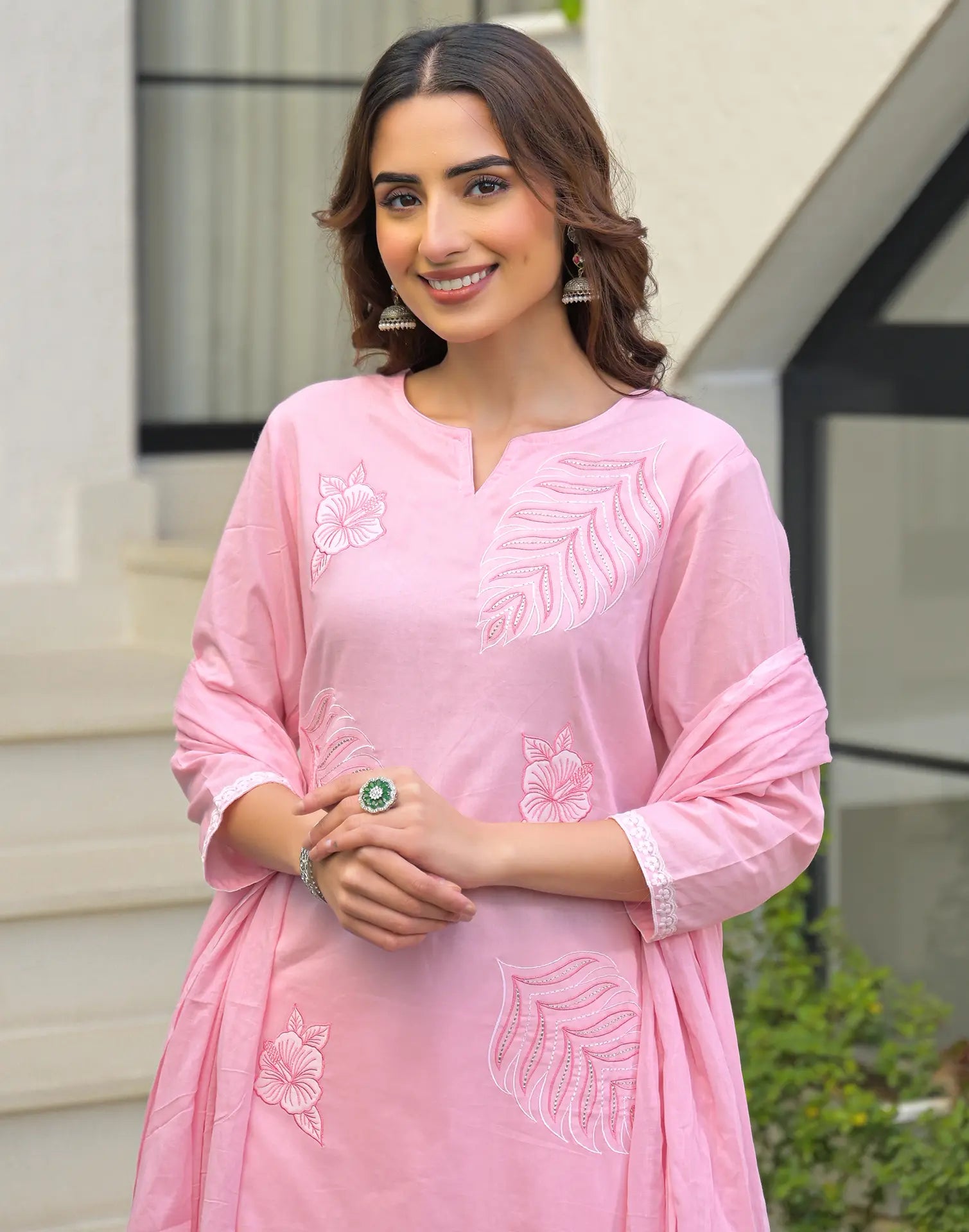 Skylee Cotton Embroidered Straight 3 Piece Kurta Set For Woman