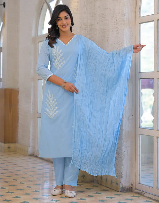 Sky Blue Round Neck with Front Slit and Notch Thread Embroidery with Subtle Bead and Sequin Detailing Straight 3 Piece Kurta Set with Pure Cotton Dupatta
