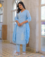 Skylee Cotton Embroidered Straight 3 Piece Kurta Set For Woman