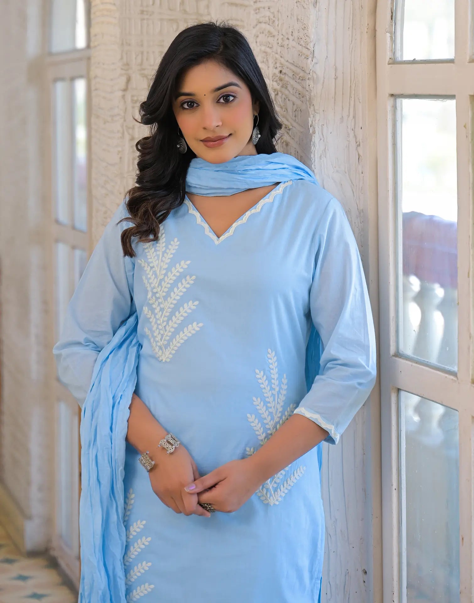 Skylee Cotton Embroidered Straight 3 Piece Kurta Set For Woman