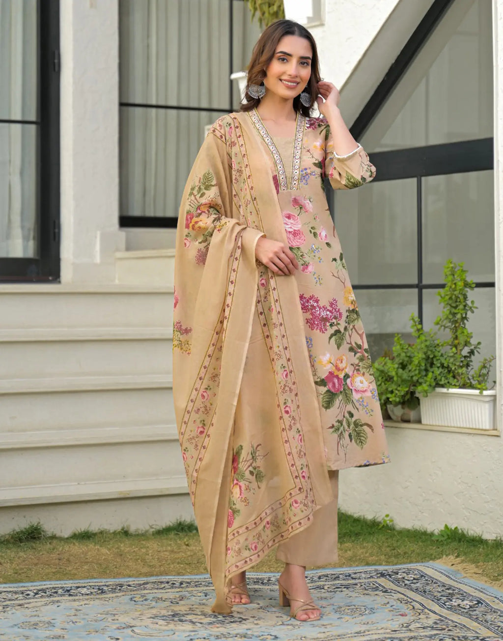 Skylee Cotton Printed Anarkali 3 Piece Kurta Set For Woman