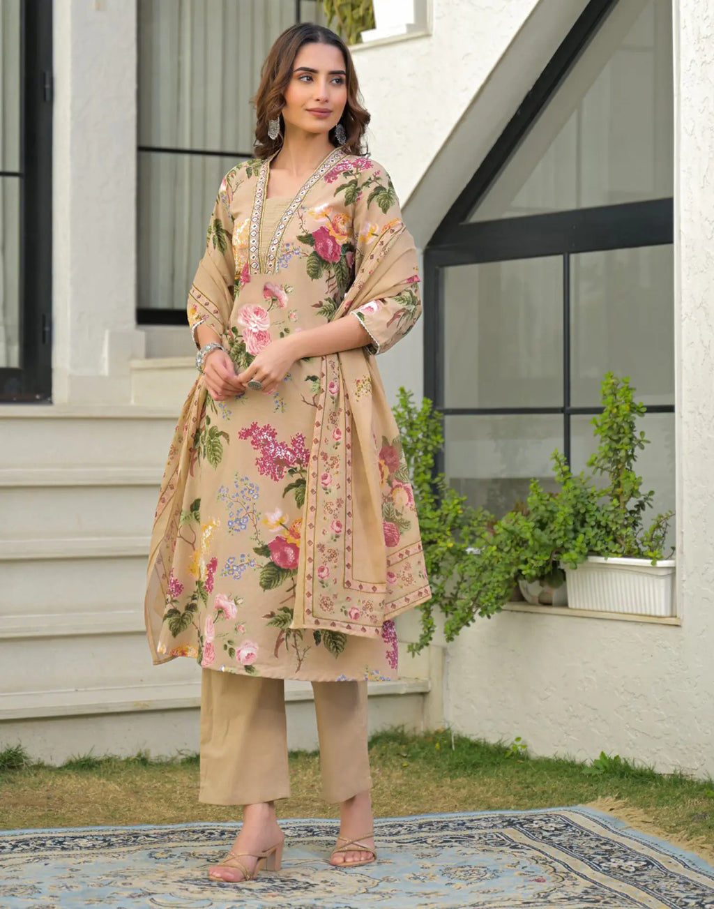 Skylee Cotton Printed Anarkali 3 Piece Kurta Set For Woman