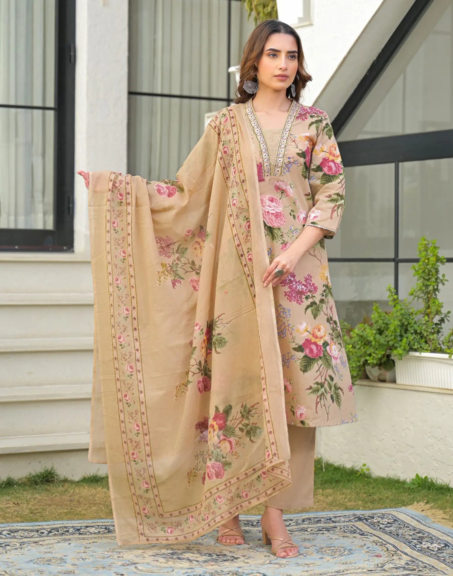 Skylee Cotton Printed Anarkali 3 Piece Kurta Set For Woman