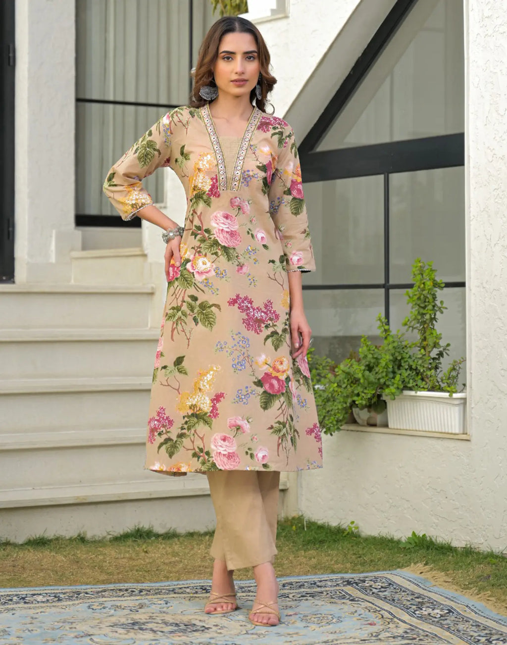 Skylee Cotton Printed Anarkali 3 Piece Kurta Set For Woman