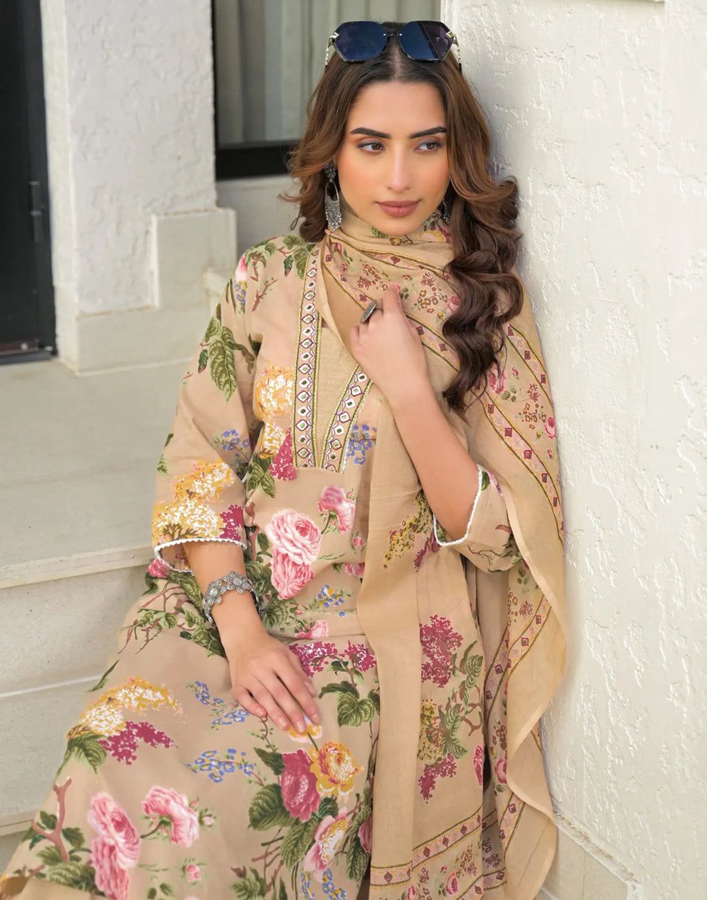 Skylee Cotton Printed Anarkali 3 Piece Kurta Set For Woman
