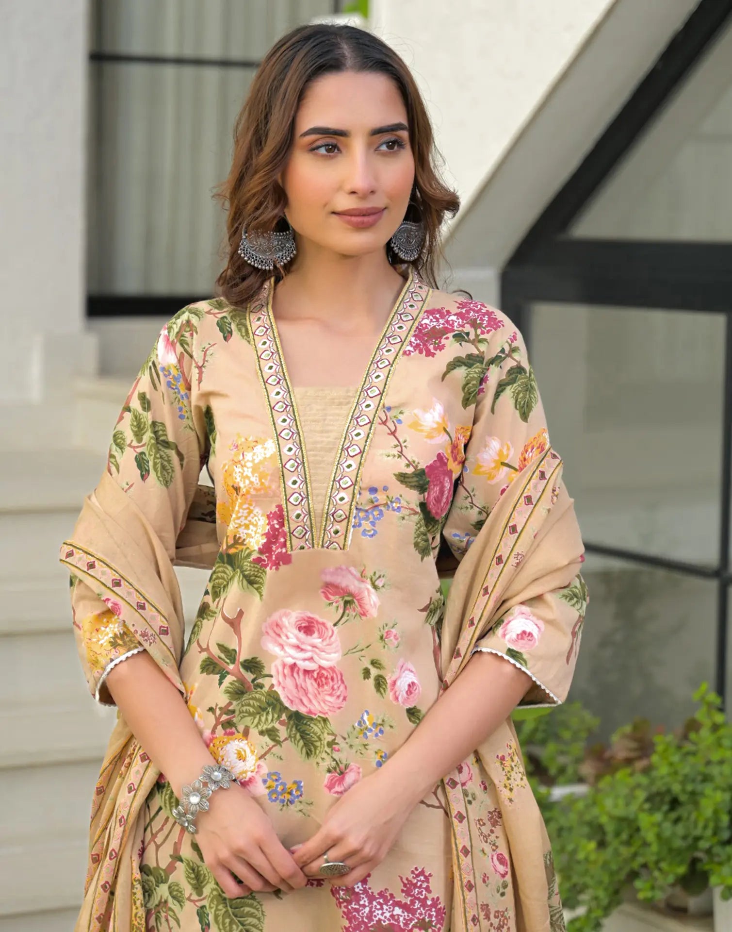 Skylee Cotton Printed Anarkali 3 Piece Kurta Set For Woman