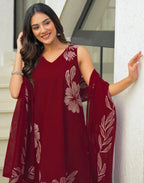 Skylee Cotton Floral Print Straight 3 Piece Kurta Set For Woman