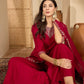 Maroon Silk Embroidered Kurta Set with Dupatta Round Neck Ethnic Wear for Karwa Chauth
