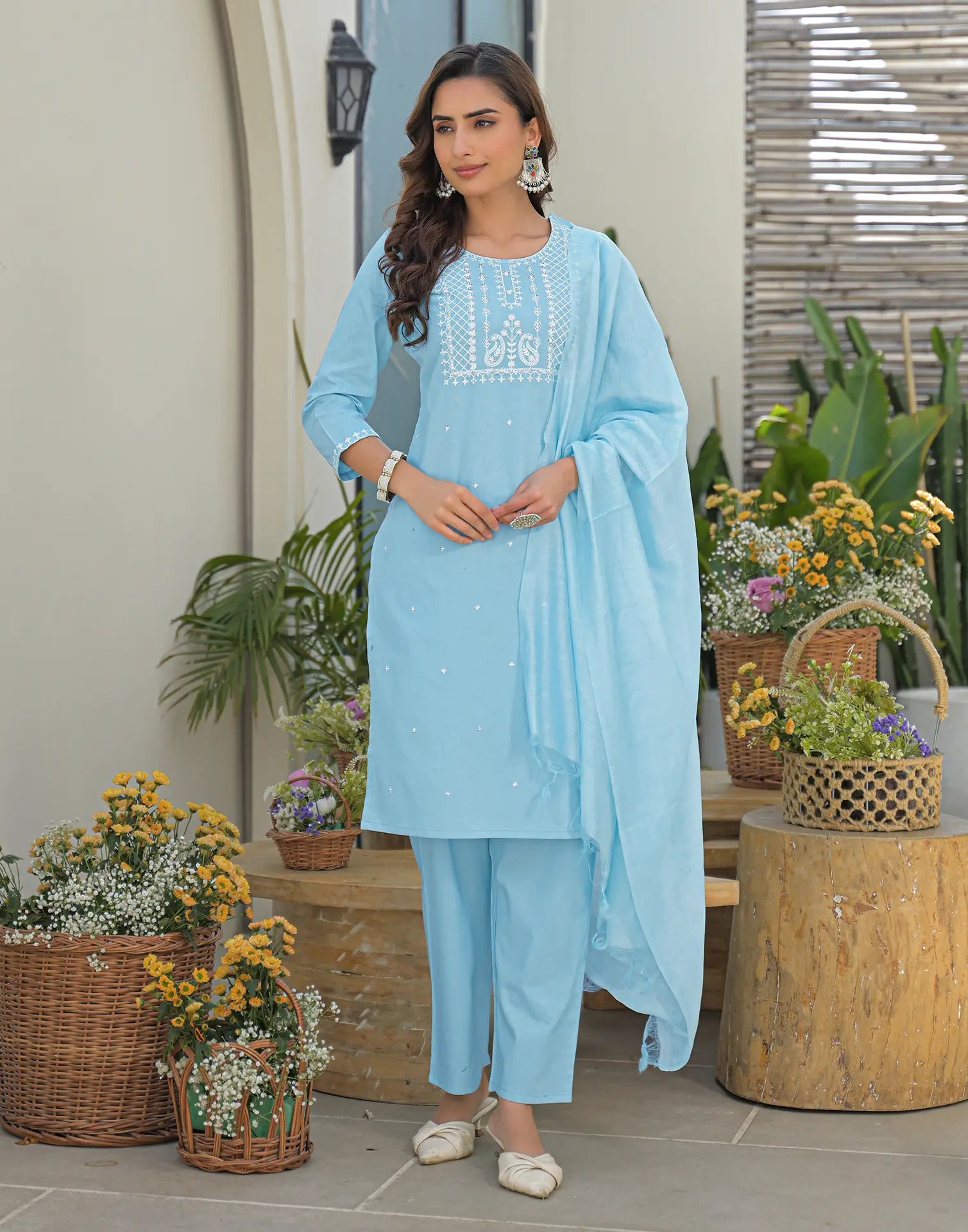 Ice Blue Round Neck Embroidered Straight 3 Piece Kurta Set with Dupatta