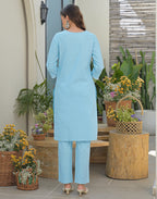 Ice Blue Round Neck Embroidered Straight 3 Piece Kurta Set with Dupatta