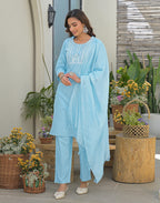 Ice Blue Round Neck Embroidered Straight 3 Piece Kurta Set with Dupatta