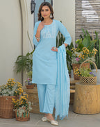 Ice Blue Round Neck Embroidered Straight 3 Piece Kurta Set with Dupatta