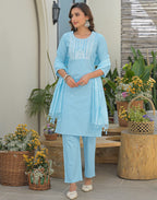 Ice Blue Round Neck Embroidered Straight 3 Piece Kurta Set with Dupatta