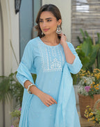 Ice Blue Round Neck Embroidered Straight 3 Piece Kurta Set with Dupatta