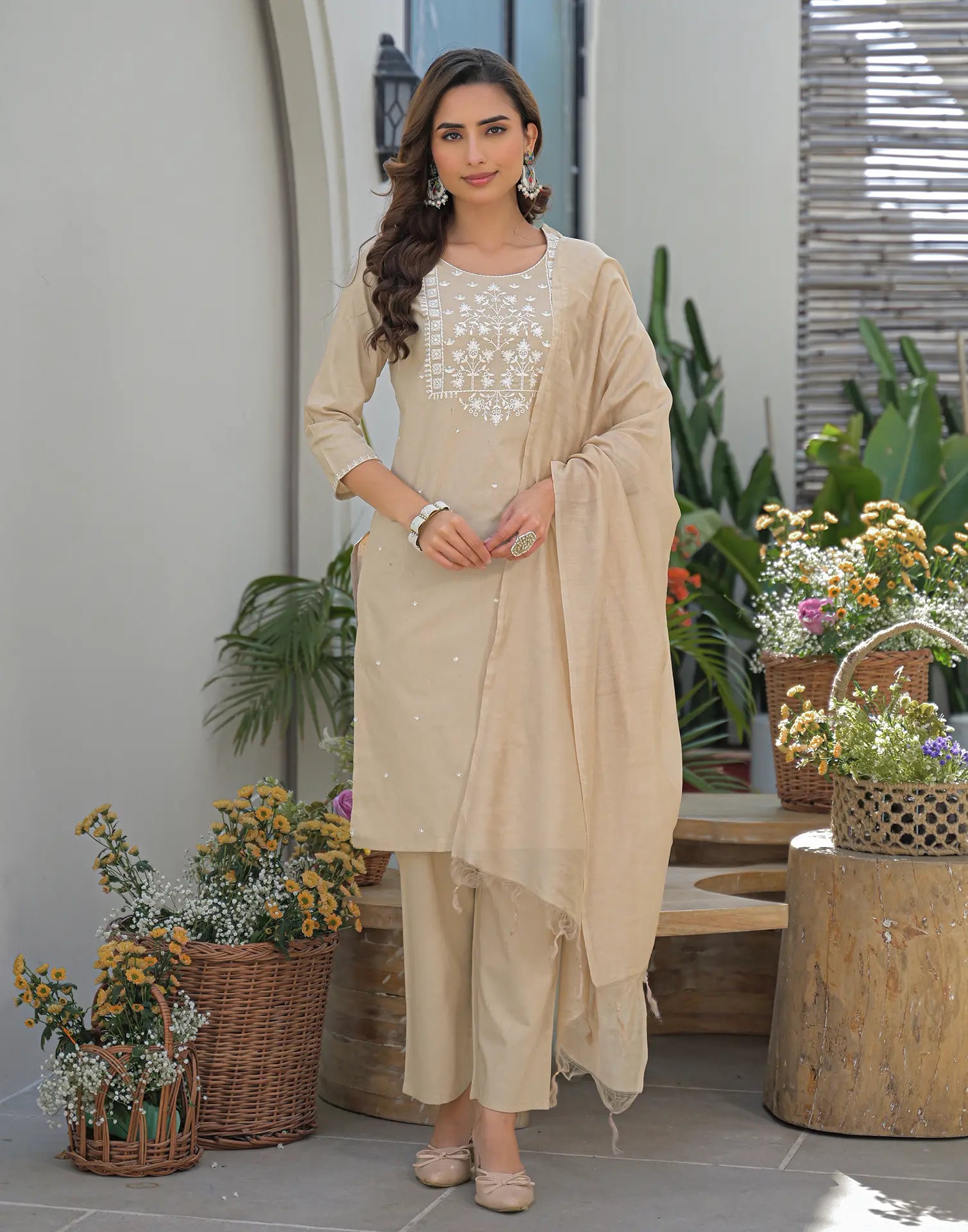 Oatmeal Beige Round Neck Embroidered Straight 3 Piece Kurta Set with Dupatta