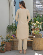 Oatmeal Beige Round Neck Embroidered Straight 3 Piece Kurta Set with Dupatta