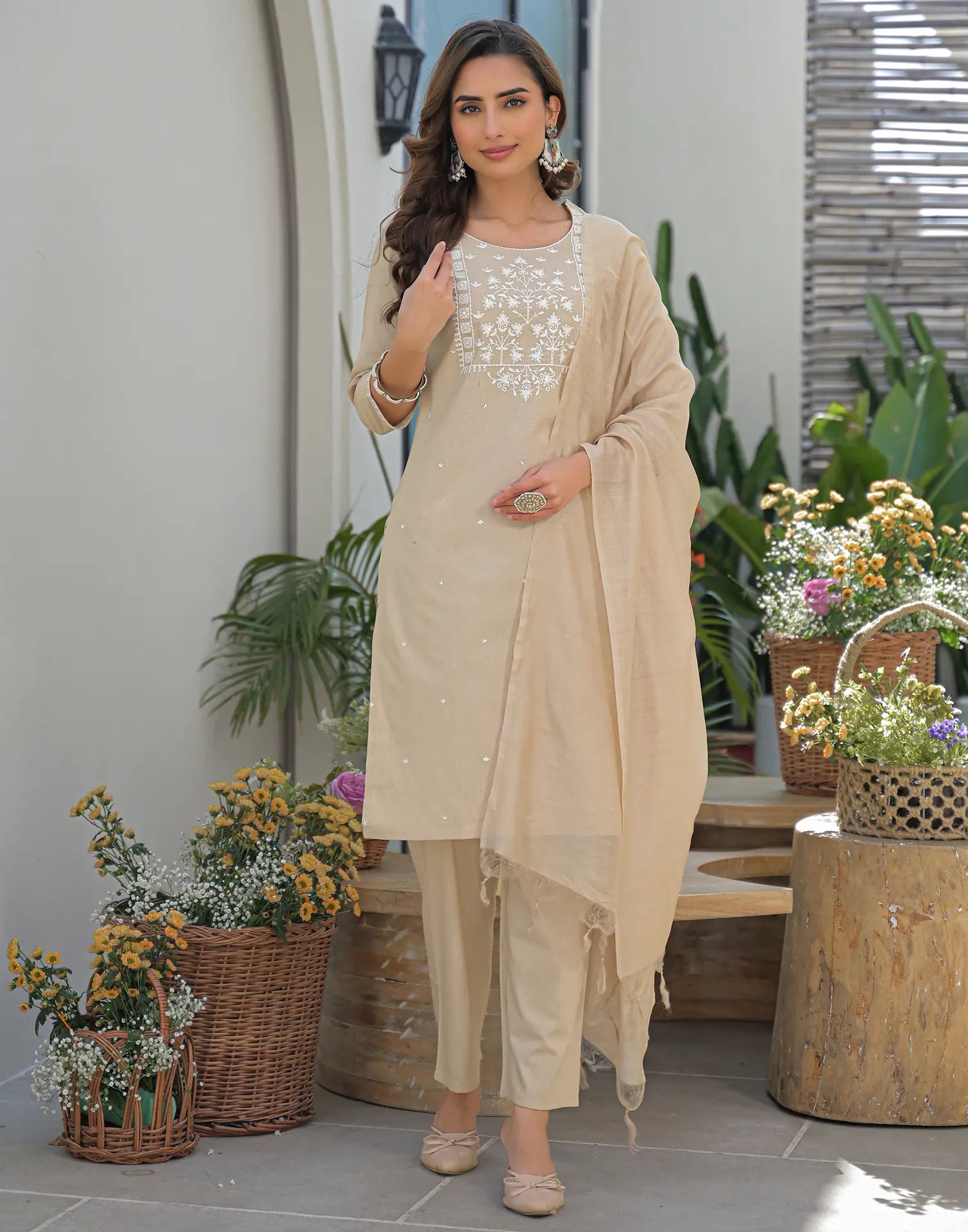 Oatmeal Beige Round Neck Embroidered Straight 3 Piece Kurta Set with Dupatta
