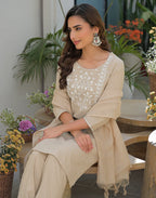 Oatmeal Beige Round Neck Embroidered Straight 3 Piece Kurta Set with Dupatta