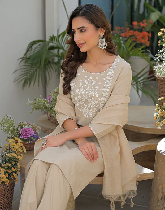 Oatmeal Beige Round Neck Embroidery Straight 3 Piece Kurta Set With Dupatta