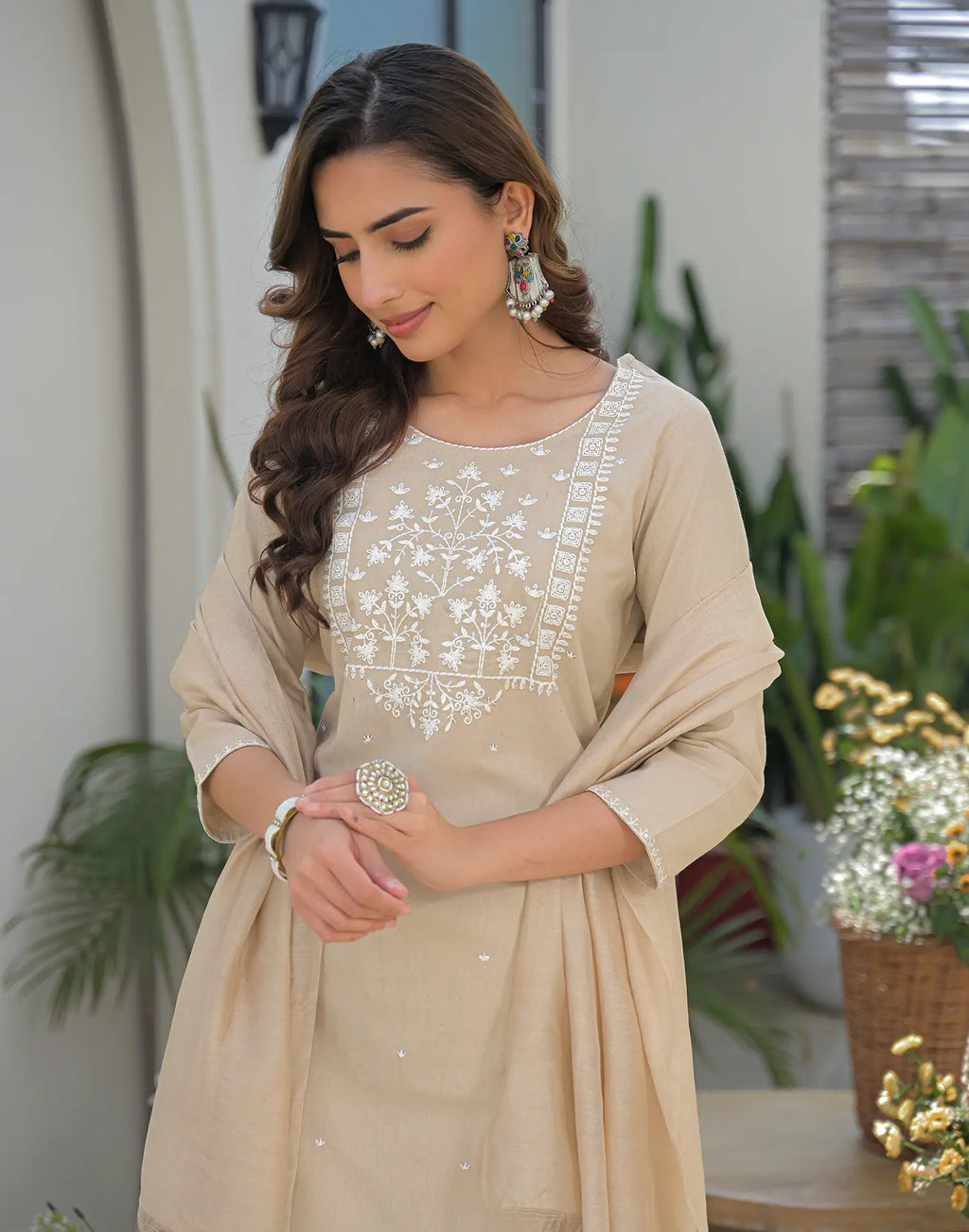 Oatmeal Beige Round Neck Embroidered Straight 3 Piece Kurta Set with Dupatta