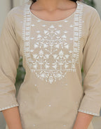 Oatmeal Beige Round Neck Embroidered Straight 3 Piece Kurta Set with Dupatta