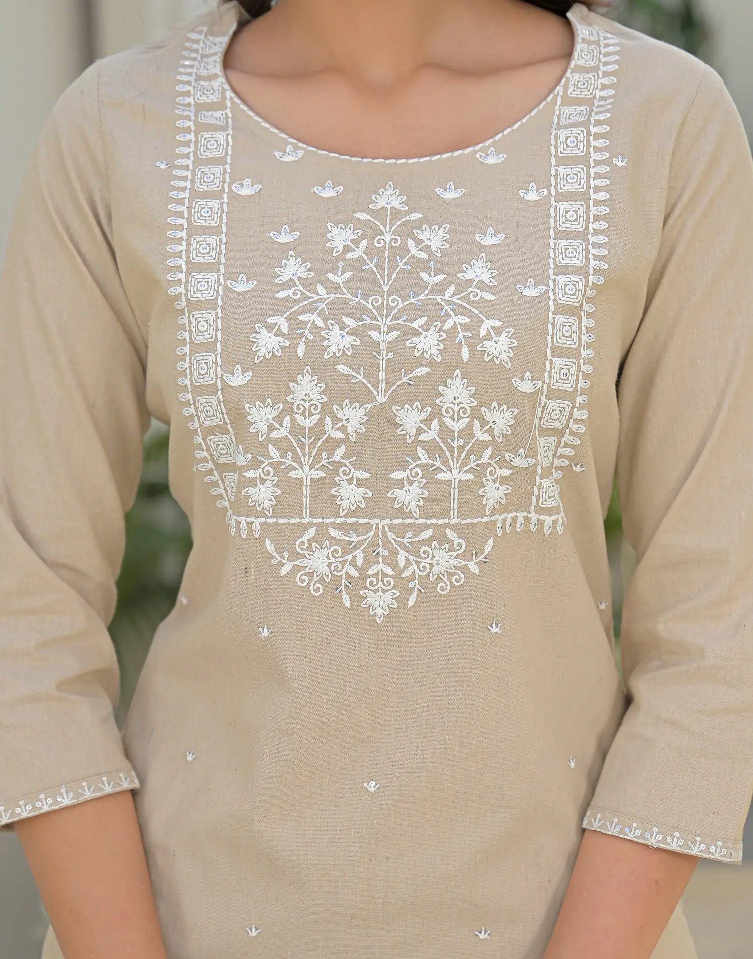 Oatmeal Beige Round Neck Embroidered Straight 3 Piece Kurta Set with Dupatta