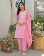 Powder Pink Round Neck Embroidered Straight 3 Piece Kurta Set with Dupatta
