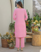 Powder Pink Round Neck Embroidered Straight 3 Piece Kurta Set with Dupatta