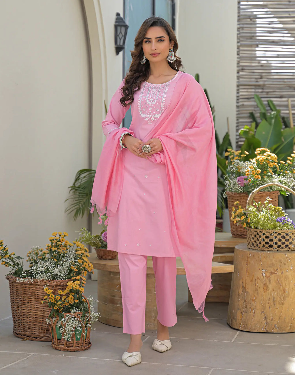 Powder Pink Round Neck Embroidered Straight 3 Piece Kurta Set with Dupatta