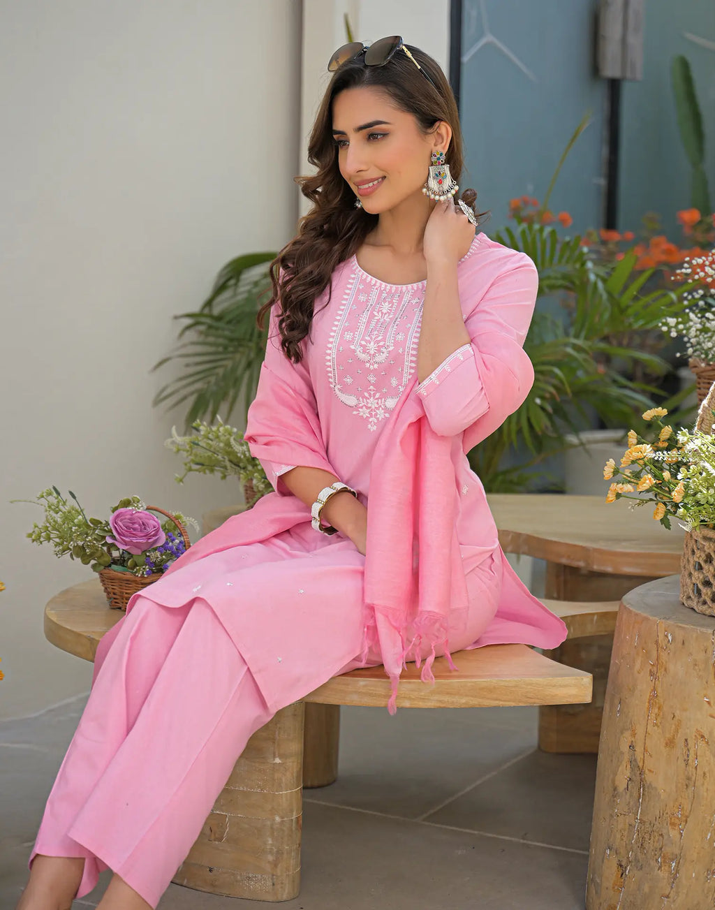 Powder Pink Round Neck Embroidered Straight 3 Piece Kurta Set with Dupatta