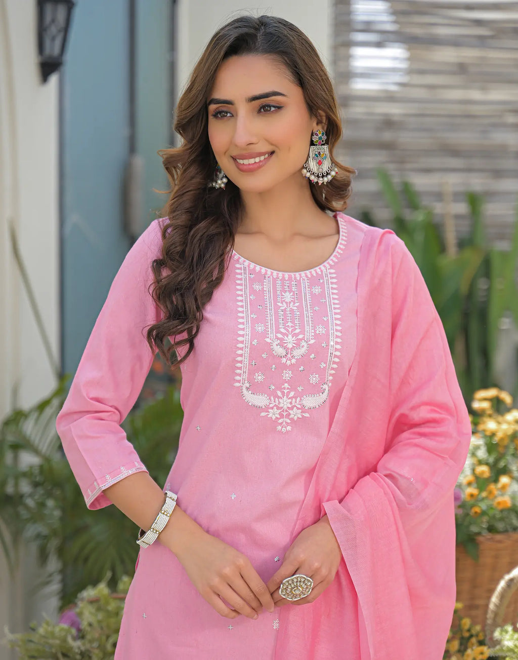 Powder Pink Round Neck Embroidered Straight 3 Piece Kurta Set with Dupatta