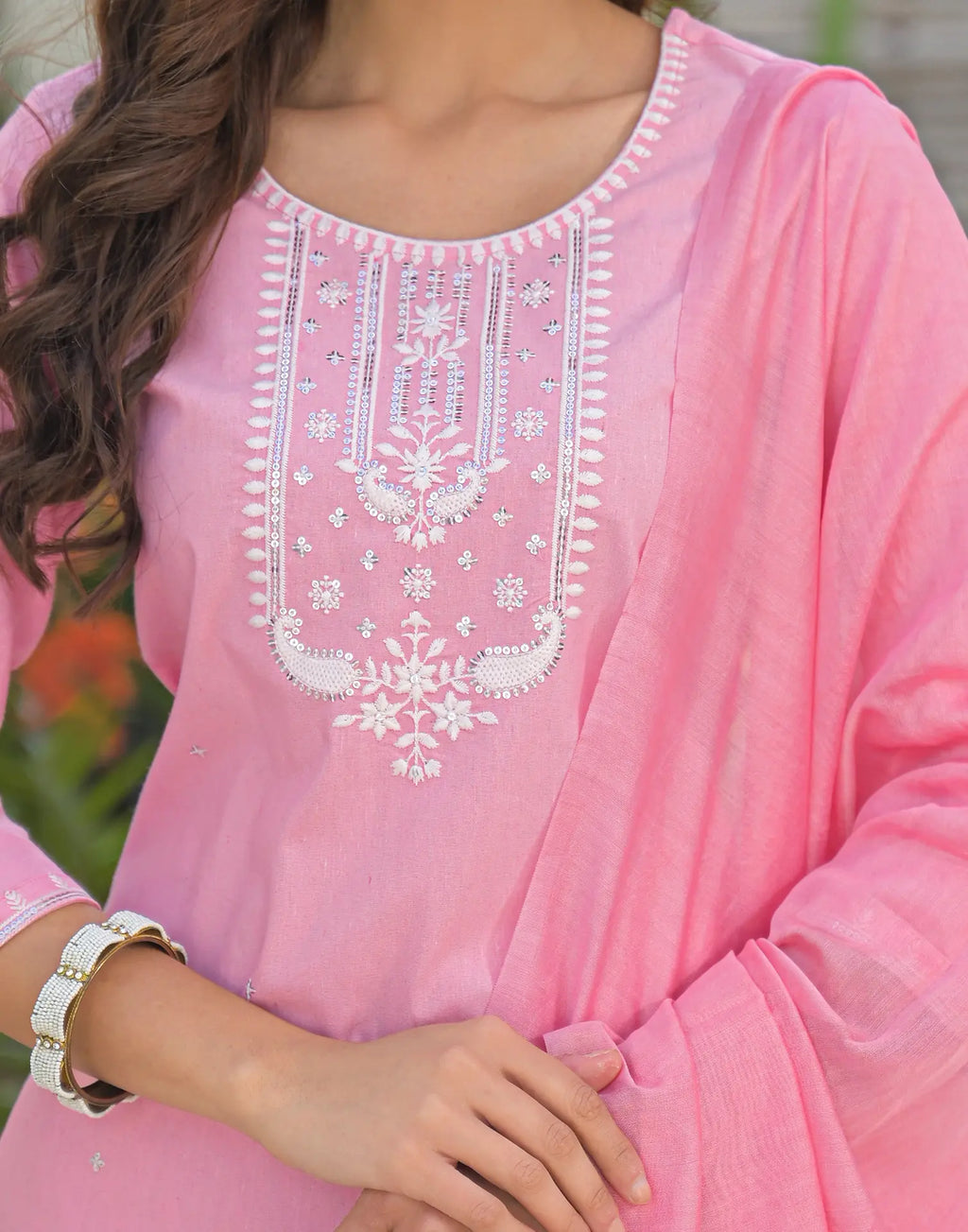 Powder Pink Round Neck Embroidered Straight 3 Piece Kurta Set with Dupatta