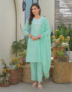 Aqua Mint Green Round Neck Embroidered Straight 3 Piece Kurta Set with Dupatta