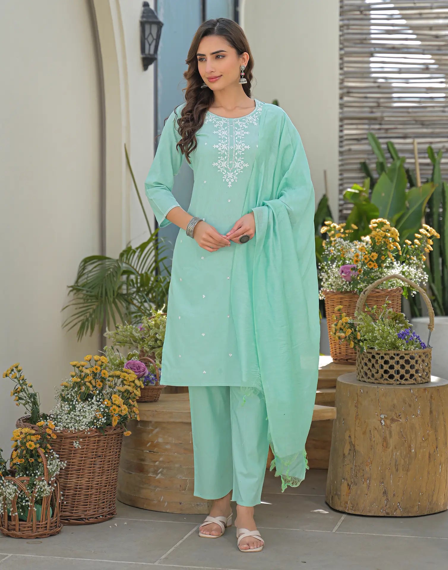 Aqua Mint Green Round Neck Embroidered Straight 3 Piece Kurta Set with Dupatta