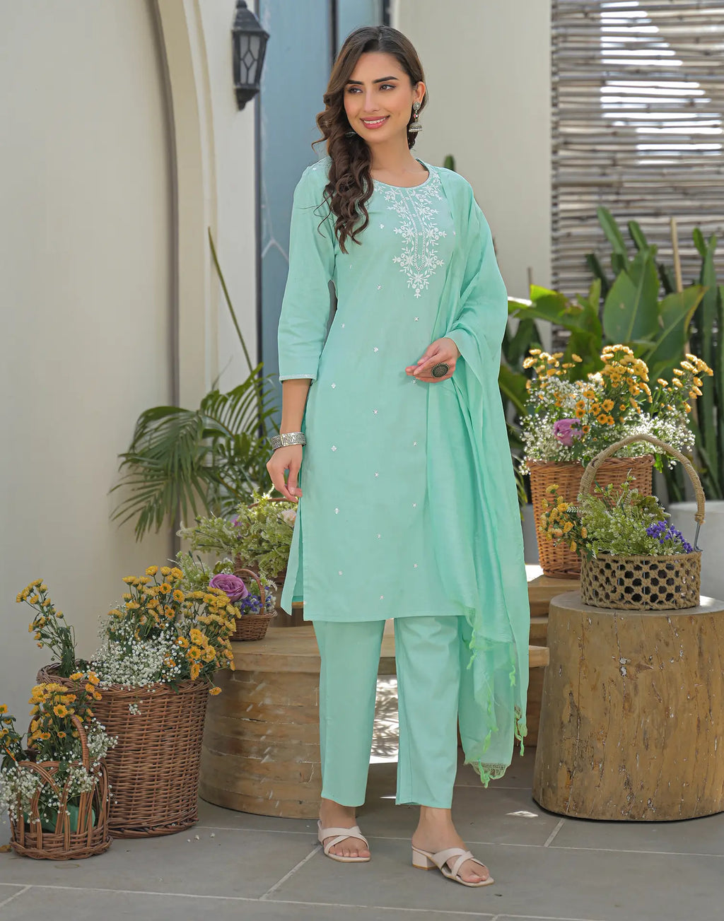 Aqua Mint Green Round Neck Embroidered Straight 3 Piece Kurta Set with Dupatta