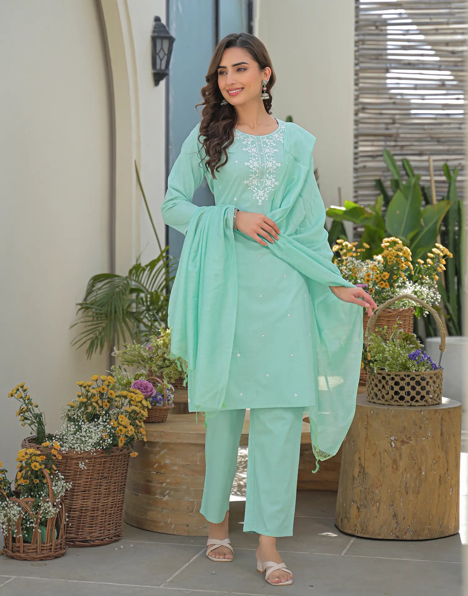 Aqua Mint Green Round Neck Embroidered Straight 3 Piece Kurta Set with Dupatta