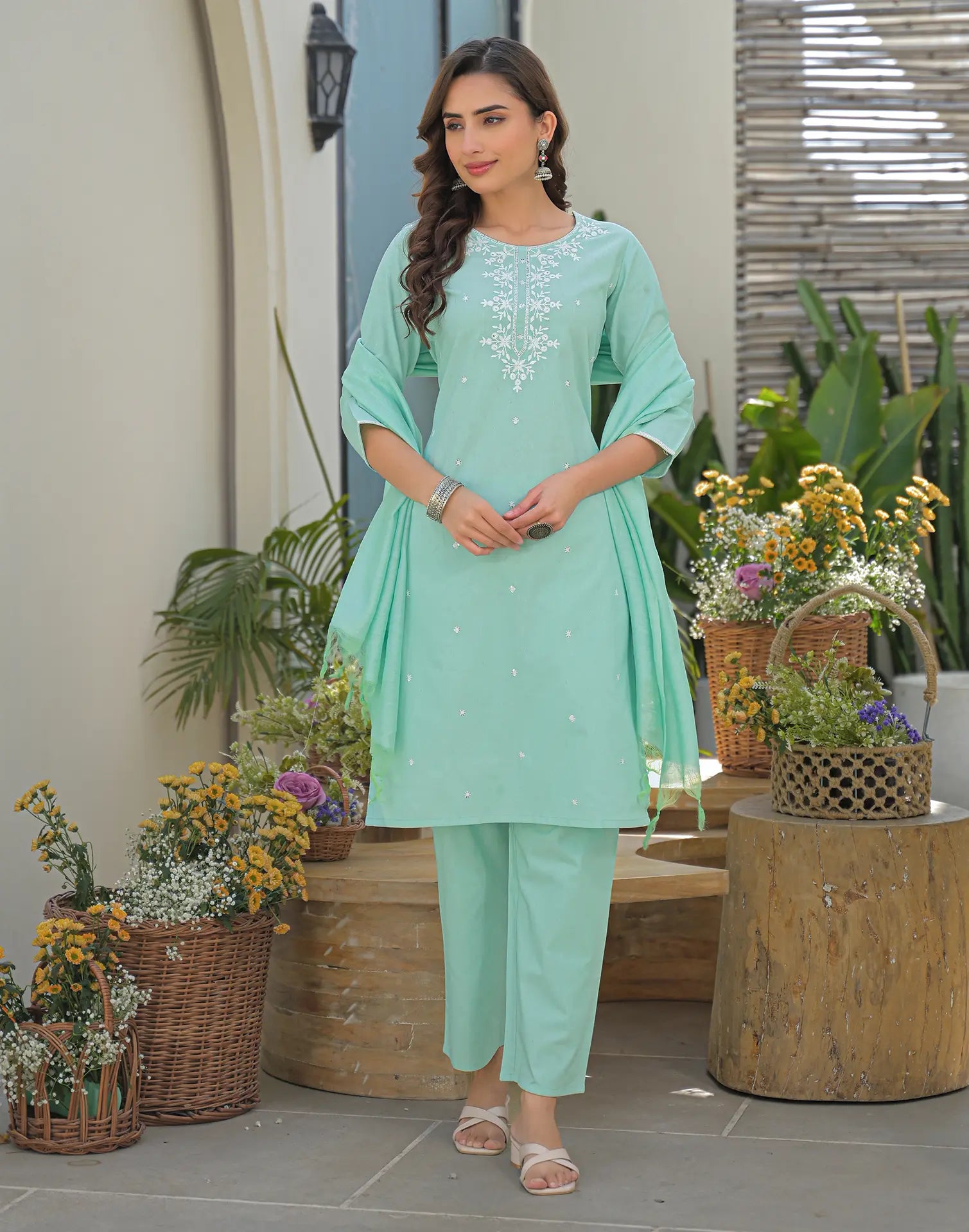 Aqua Mint Green Round Neck Embroidered Straight 3 Piece Kurta Set with Dupatta