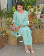 Aqua Mint Green Round Neck Embroidered Straight 3 Piece Kurta Set with Dupatta