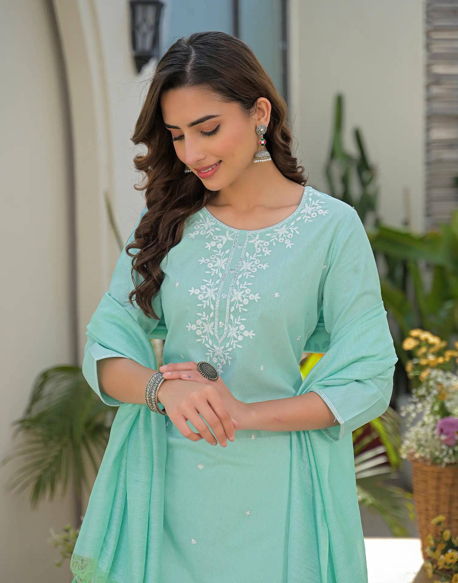 Aqua Mint Green Round Neck Embroidered Straight 3 Piece Kurta Set with Dupatta