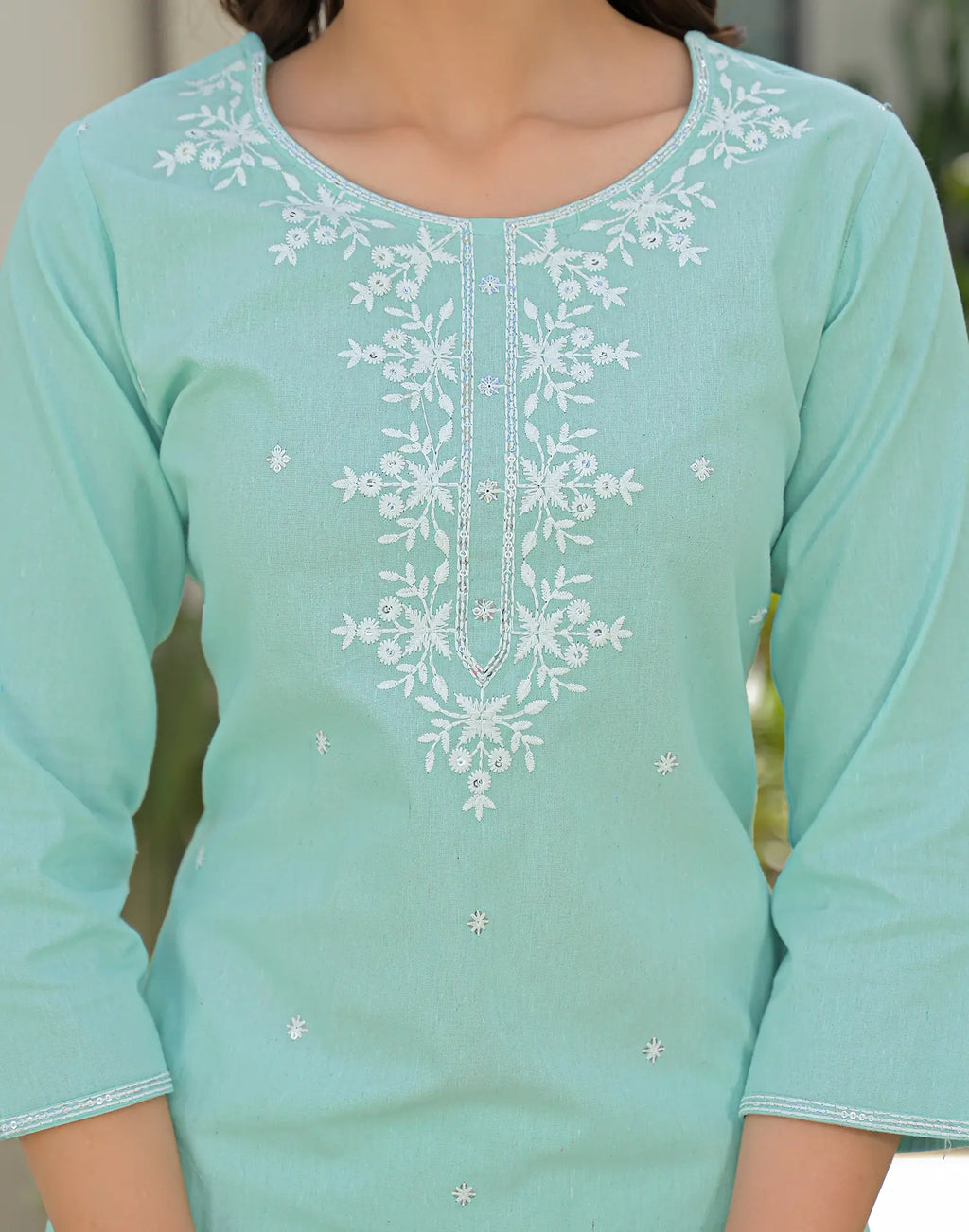 Aqua Mint Green Round Neck Embroidered Straight 3 Piece Kurta Set with Dupatta
