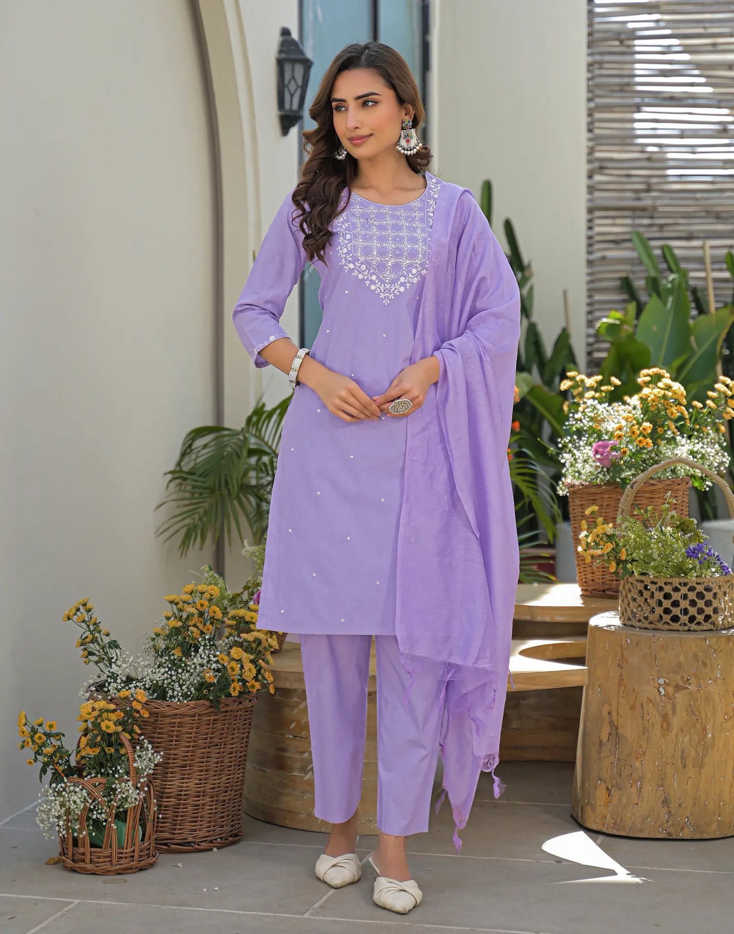 Lavender Mist Purple Round Neck Embroidered Straight 3 Piece Kurta Set with Dupatta