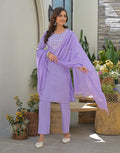 Lavender Mist Purple Round Neck Embroidered Straight 3 Piece Kurta Set with Dupatta