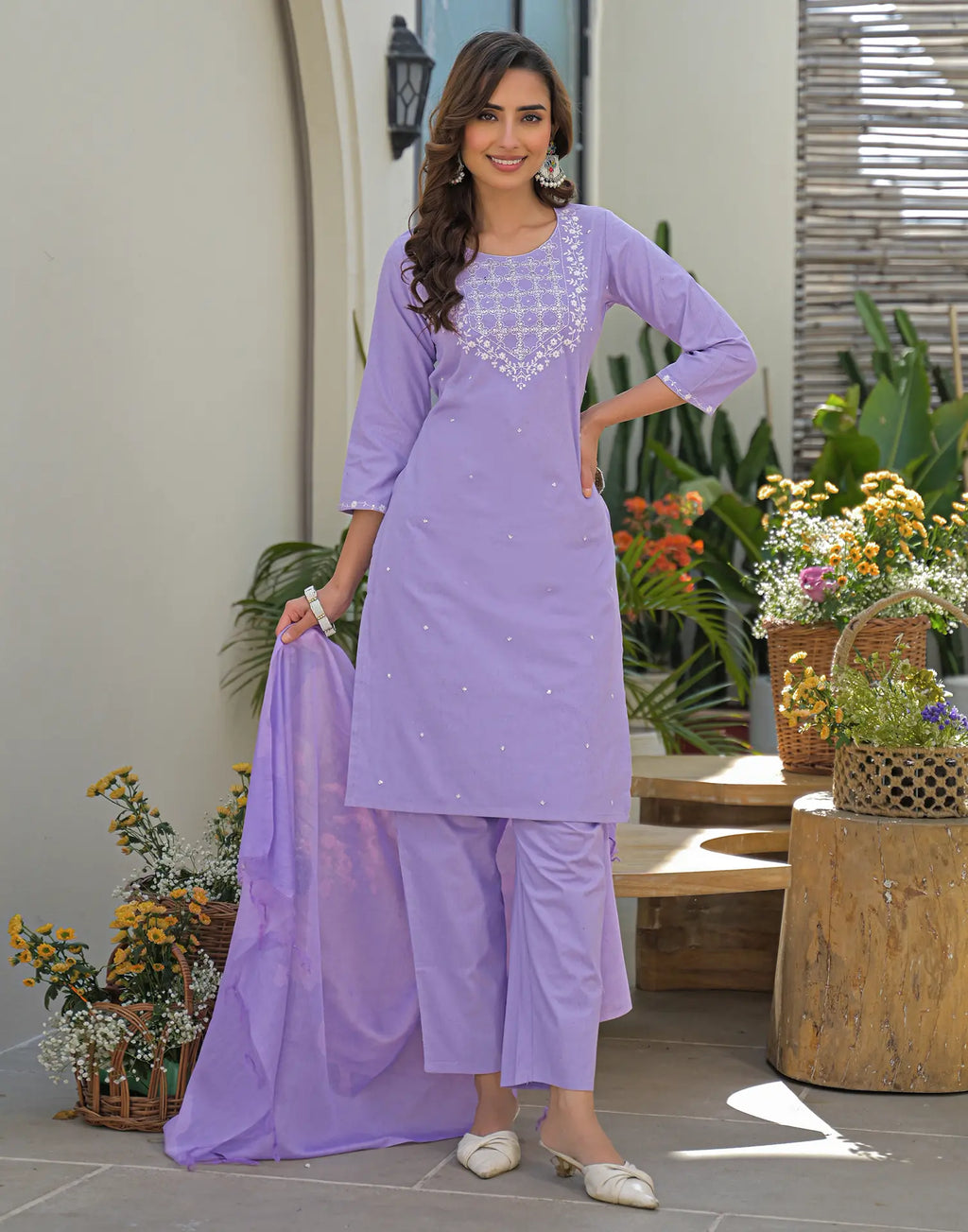 Lavender Mist Purple Round Neck Embroidered Straight 3 Piece Kurta Set with Dupatta