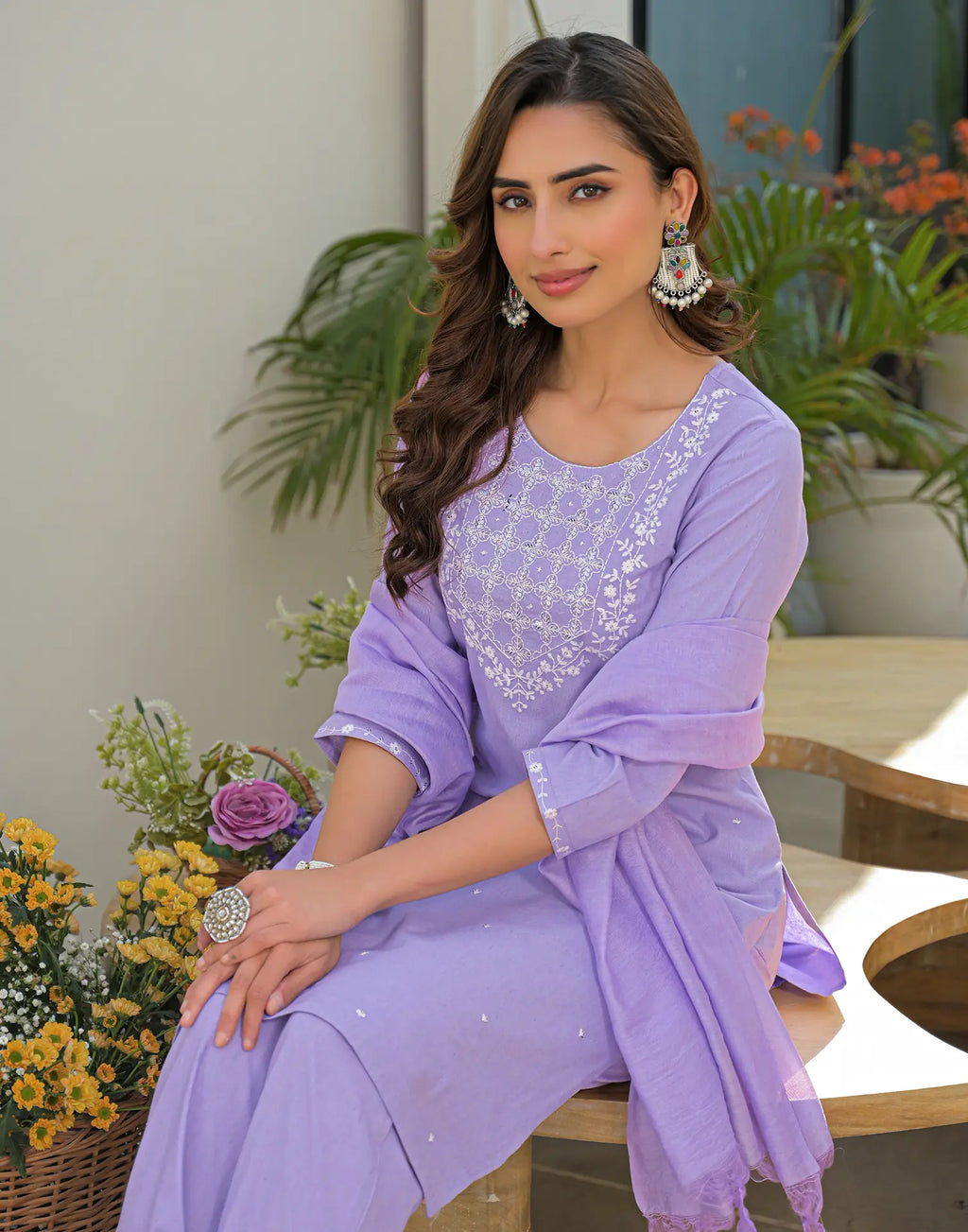 Lavender Mist Purple Round Neck Embroidered Straight 3 Piece Kurta Set with Dupatta