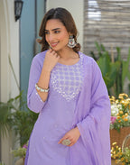 Lavender Mist Purple Round Neck Embroidered Straight 3 Piece Kurta Set with Dupatta