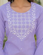Lavender Mist Purple Round Neck Embroidered Straight 3 Piece Kurta Set with Dupatta