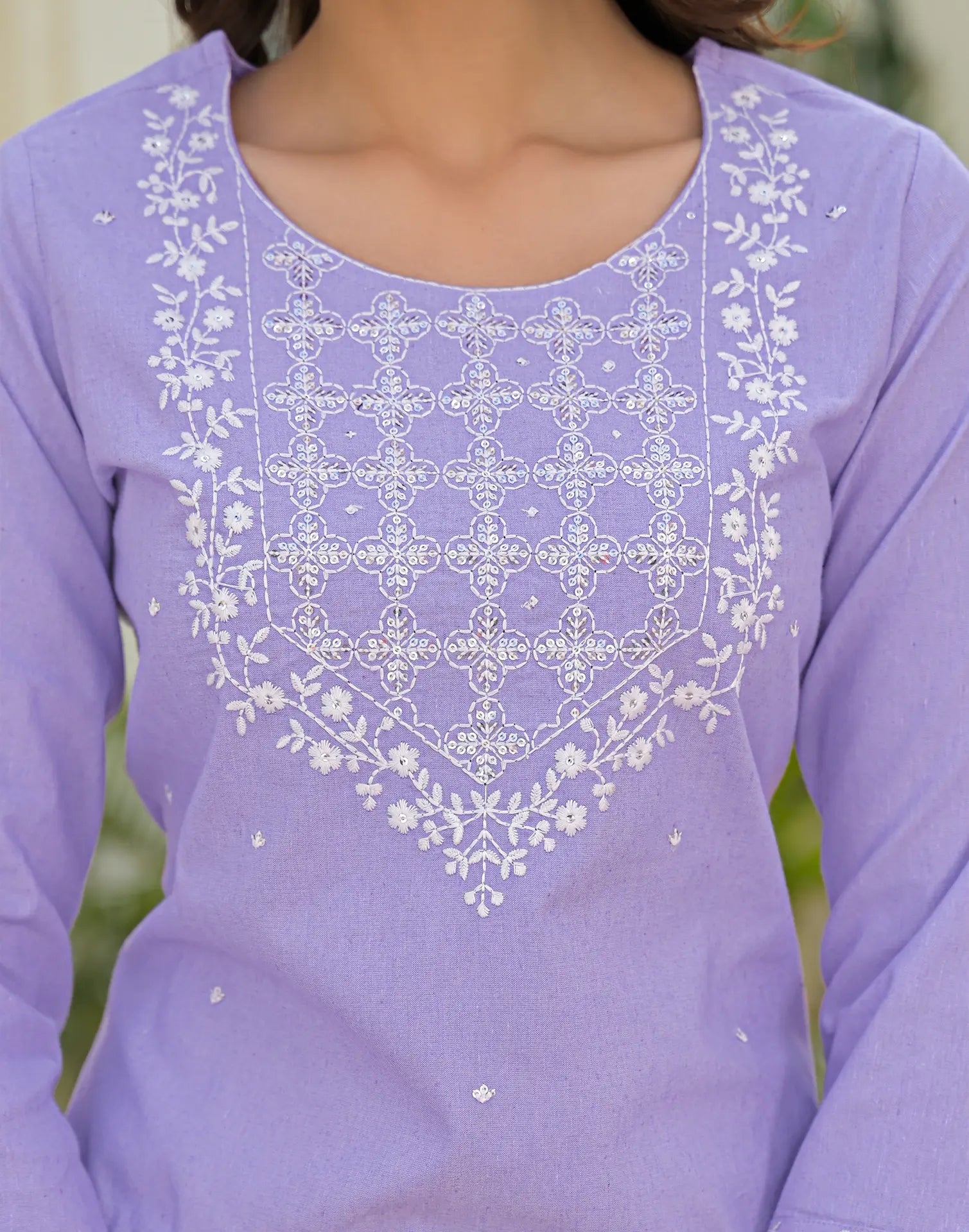 Lavender Mist Purple Round Neck Embroidered Straight 3 Piece Kurta Set with Dupatta