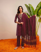 Plum Wine Round Neck Embroidered Straight 3 Piece Kurta Set with Dupatta