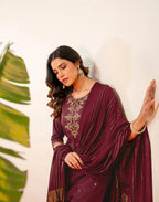 Plum Wine Round Neck Embroidered Straight 3 Piece Kurta Set with Dupatta