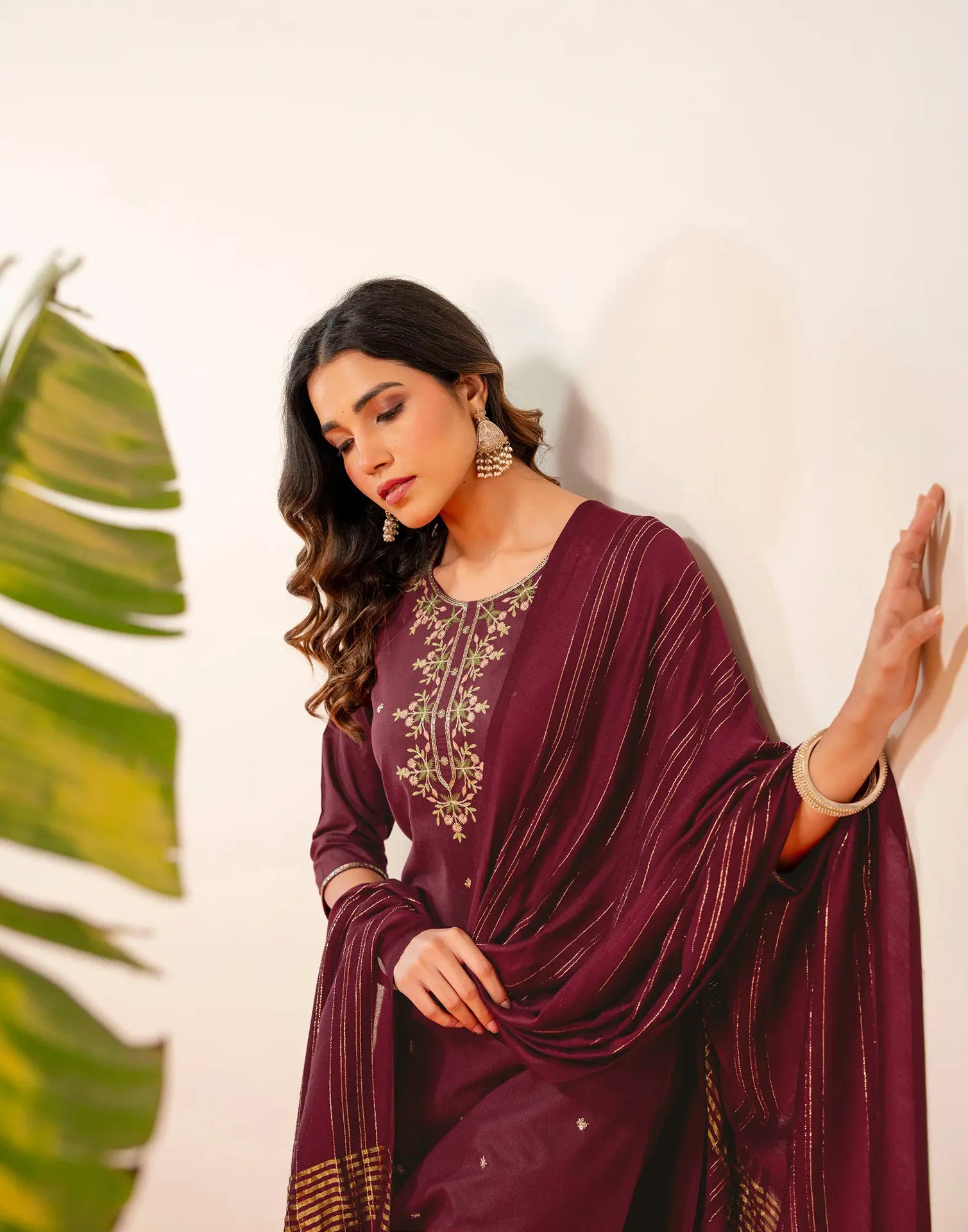 Plum Wine Round Neck Embroidered Straight 3 Piece Kurta Set with Dupatta